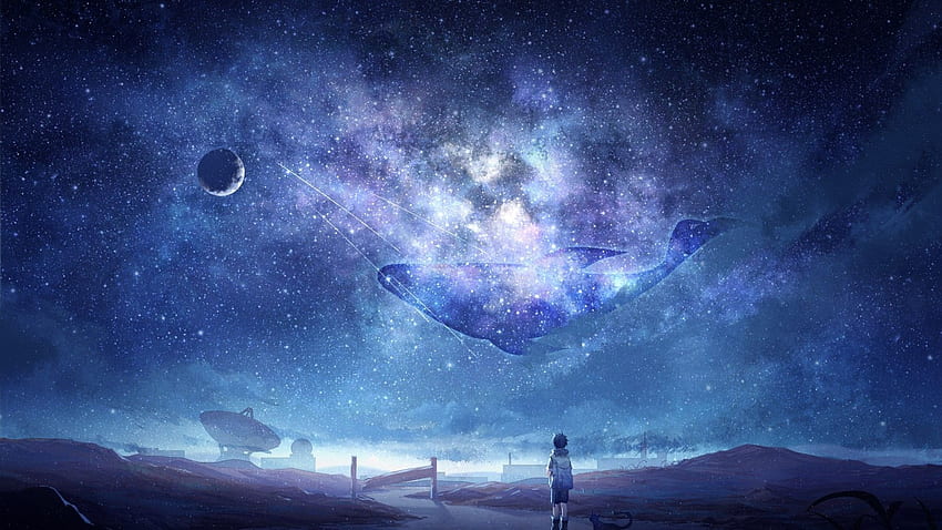 Anime Sky, Milky Way, Stars, Anime Boy, Dog, Moon - Galaxy HD wallpaper