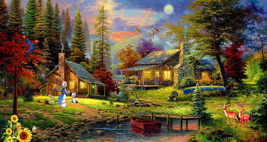 landscape, wood, mountains, house HD wallpaper
