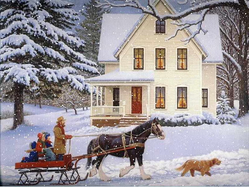Acele Edin Gidelim, kış, köpek, at, çiftlik evi, paketlenmiş, kar, kar yağışı, ağaçlar, binmek, yol, çocuklar, ev, ülke, sevimli, kızak, çam, baba, sevimli, anılar, ev HD duvar kağıdı