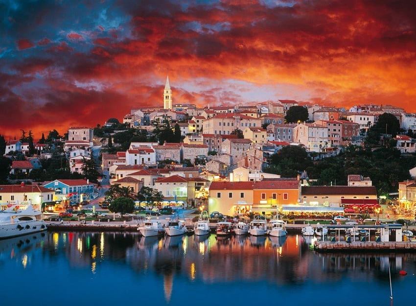 Vrsar โครเอเชีย (Istra) ทะเลเมดิเตอร์เรเนียน สี ท้องฟ้า พระอาทิตย์ตก วอลล์เปเปอร์ HD