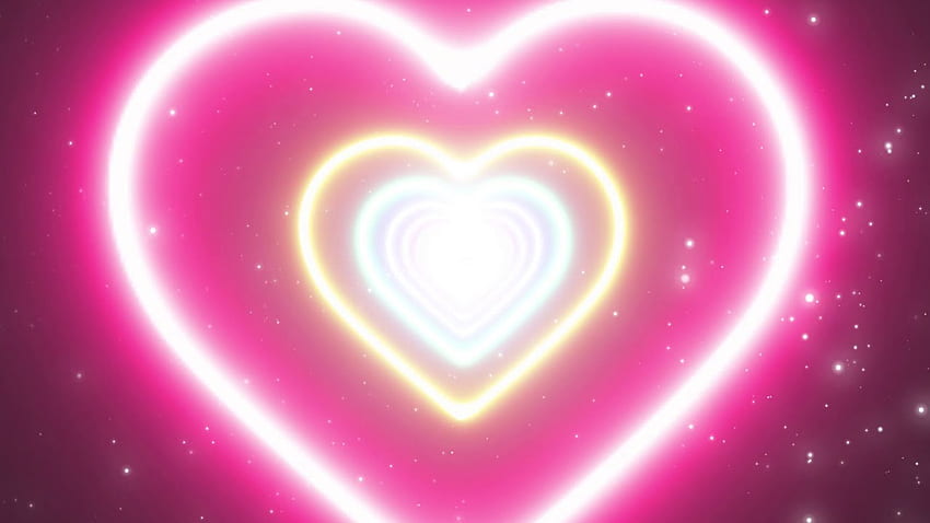 LOVE HEART NEON LIGHTS TUNNEL UND TOP ROMANTISCHE ABSTRAKTE GLOW PARTIKEL BEWEGENDER HINTERGRUND, niedliche rosa Neonherzen HD-Hintergrundbild