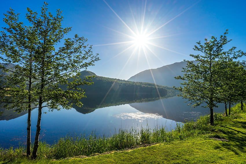 Danau Rogaland, Norwegia, pohon, alam, gunung, matahari, danau Wallpaper HD