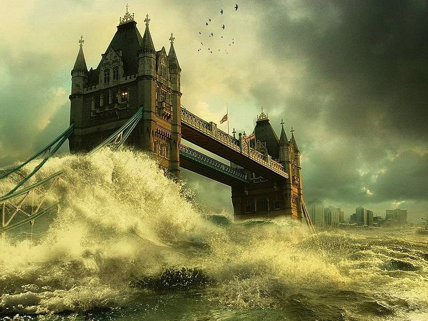 Tower Bridge, fiume, uccelli, Londra, alluvione, onde, ponte, nuvole, acqua, tempesta, Tamigi Sfondo HD