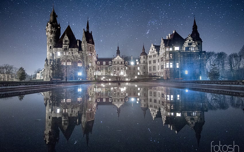 Castello di Moszna, Polonia, notte, riflessione, castelli, Polonia, acqua, Europa Sfondo HD