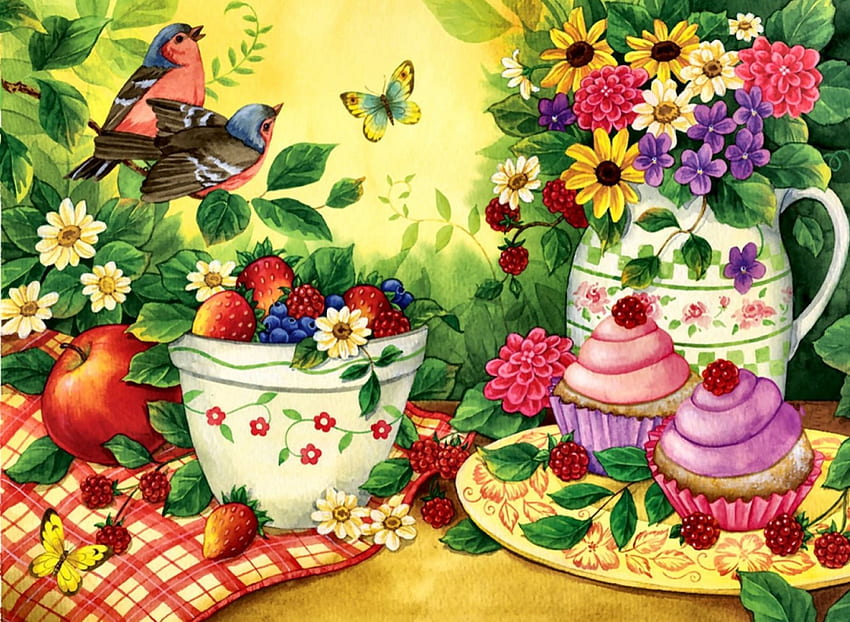Birds, Berries and Cupcakes F, animal, songbirds, bird, art, berries, avian, cupcakes, artwork, butterflies, wide screen, wildlife, painting, flowers HD wallpaper