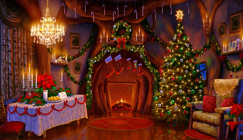 아늑한 크리스마스, 테이블, 샹들리에, 아늑한, 크리스마스, 꽃, 산타, 집, 나무 HD 월페이퍼