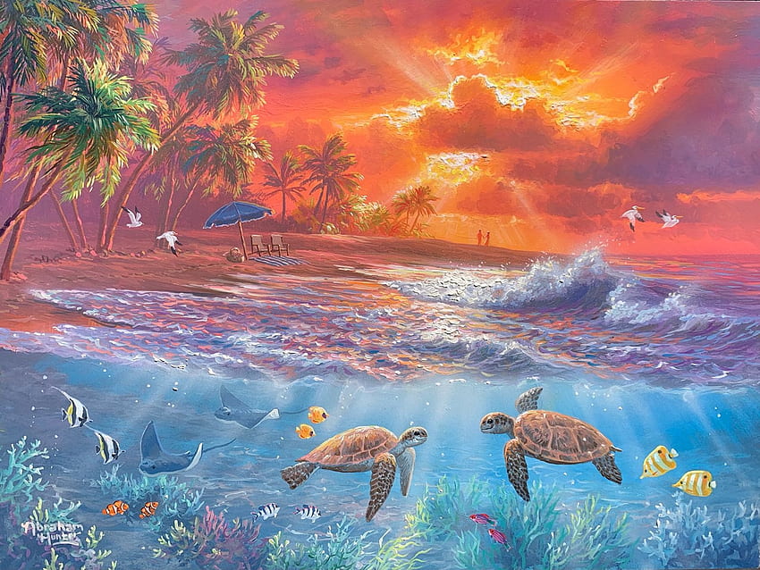 Ocean Glow, artwork, sea, turtle, painting, sky, fish, sunset, fiery HD wallpaper