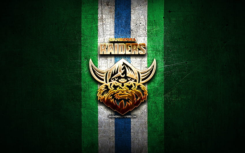 Canberra Raiders, ouro logotipo, National Rugby League, metal verde de fundo, australiano rugby clube, Canberra Raiders logotipo, rugby, NRL papel de parede HD