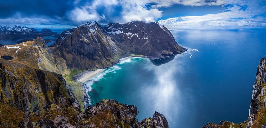 ロフォーテン諸島の夏、島、海、ノルウェー、美しい、ビーチ、夏、雲、空、水 高画質の壁紙