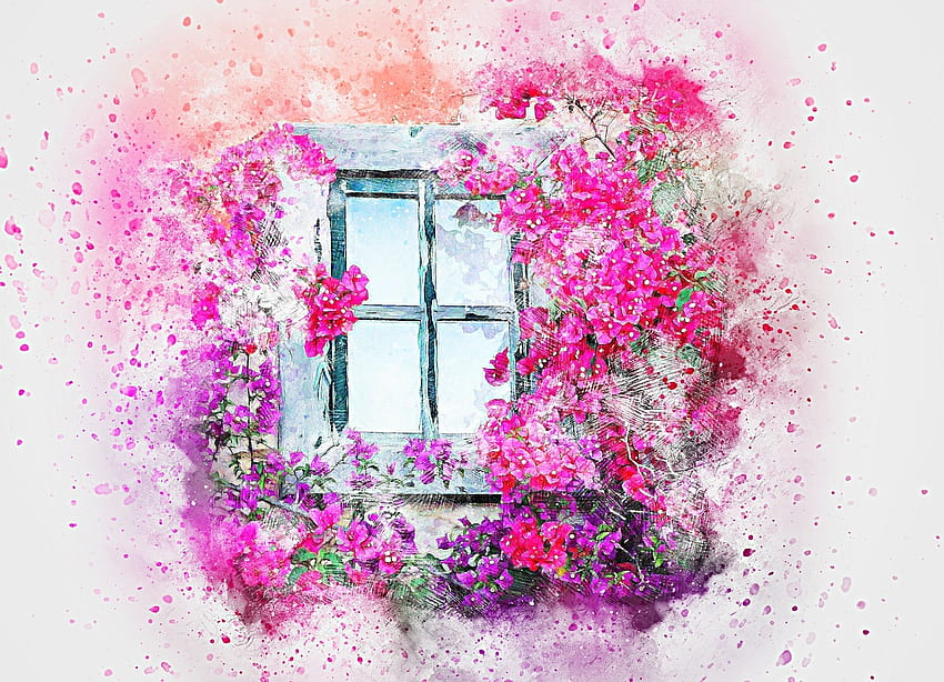 Window with flowers, Beautiful, Window, Flowers, Painting, Pink HD wallpaper