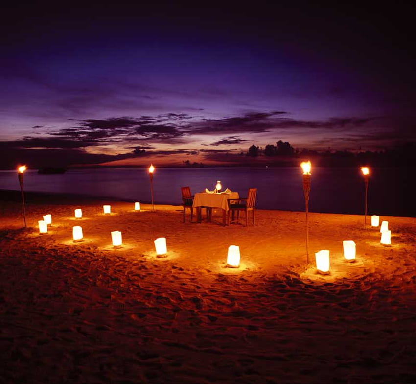 Dîner au crépuscule, dîner, romantique, crépuscule, plage Fond d'écran HD