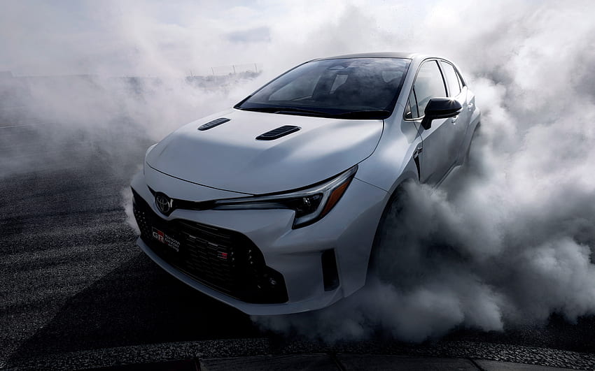 2023 Toyota GR Corolla, front view, exterior, drift, new white GR Corolla, Corolla tuning, Japanese cars, Toyota HD wallpaper
