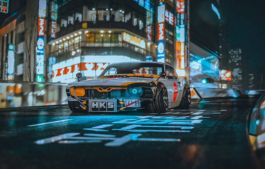 Mustang, The city, Japan, Retro, Machine, Tuning, City, Car, Ford Mustang, Night, Rendering, Concept Art, Science Fiction, Khyzyl Saleem, by Khyzyl Saleem, Transport & Vehicles for , section рендеринг HD wallpaper