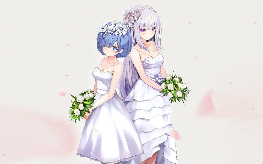 Rem and Emilia, white, wedding dress HD wallpaper