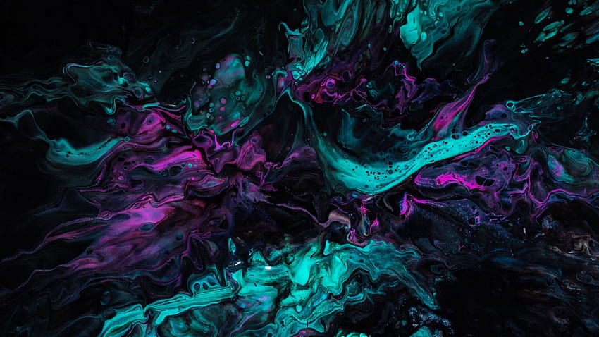 Pintura Manchas Mezcla Líquido Turquesa Púrpura Oscuro., Líquido Negro fondo de pantalla