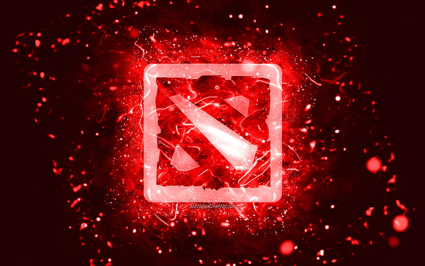 Червено лого на Dota 2, , червени неонови светлини, творчески, червен абстрактен фон, лого на Dota 2, онлайн игри, Dota 2 HD тапет