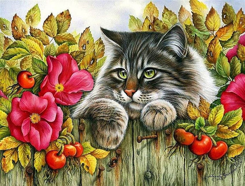 イリーナ・ガルマシェワ。 お尻の猫、動物、子猫、絵画、アート、花、猫、イリーナ ガルマシェバ 高画質の壁紙