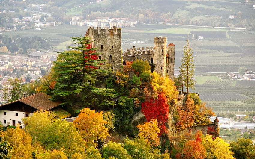 замък Бруненбург в Южен Тирол, дървета, есен, замък, планина HD тапет