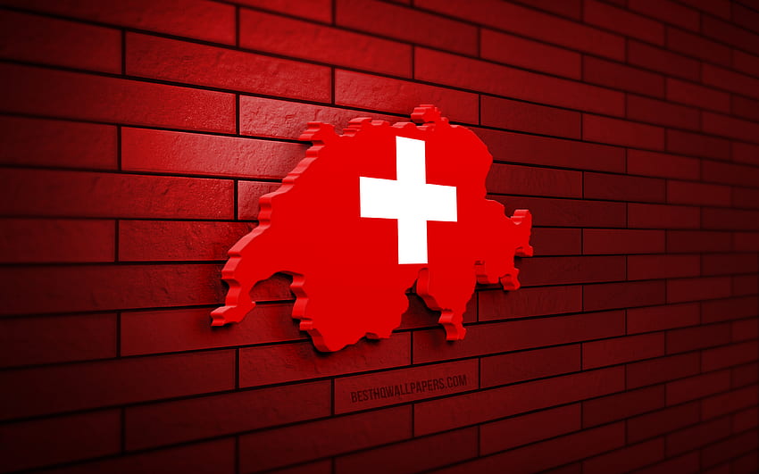 Карта на Швейцария, червена тухлена стена, европейски държави, силует на карта на Швейцария, флаг на Швейцария, Европа, карта на Швейцария, флаг на Швейцария, Швейцария, флаг на Швейцария, 3D карта на Швейцария HD тапет