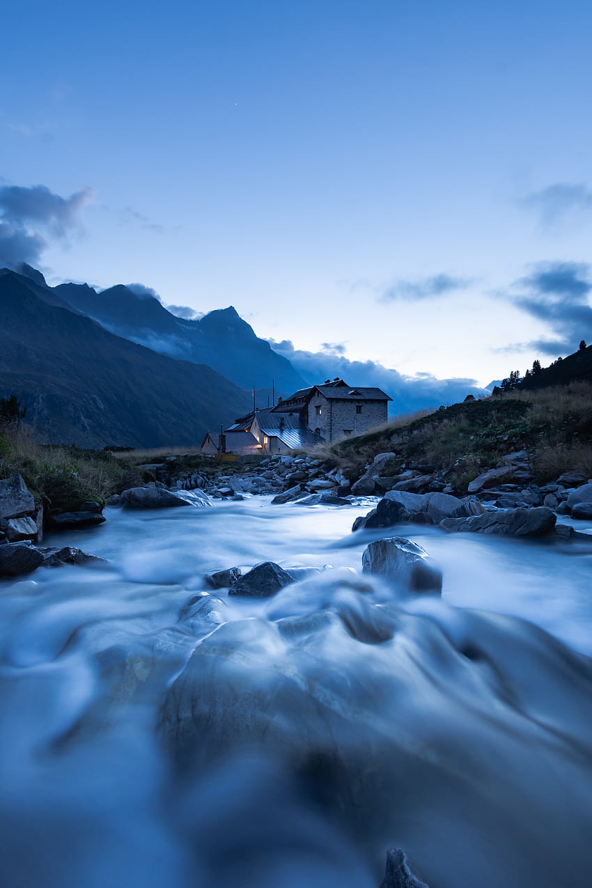 Natur, Wasser, Flüsse, Steine, Berge, Haus HD-Handy-Hintergrundbild
