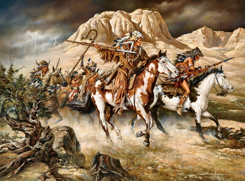 Thunder Rolls 1, animal, horse, art, beautiful, artwork, Native American, wide screen, painting, equine HD wallpaper