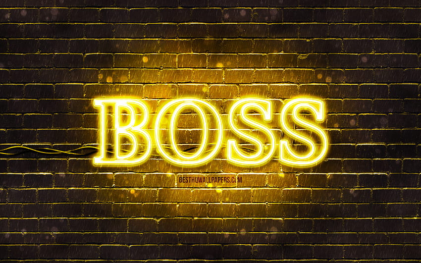 Hugo Boss żółte logo, żółta ściana z cegły, logo Hugo Boss, marki modowe, neonowe logo Hugo Boss, Hugo Boss Tapeta HD