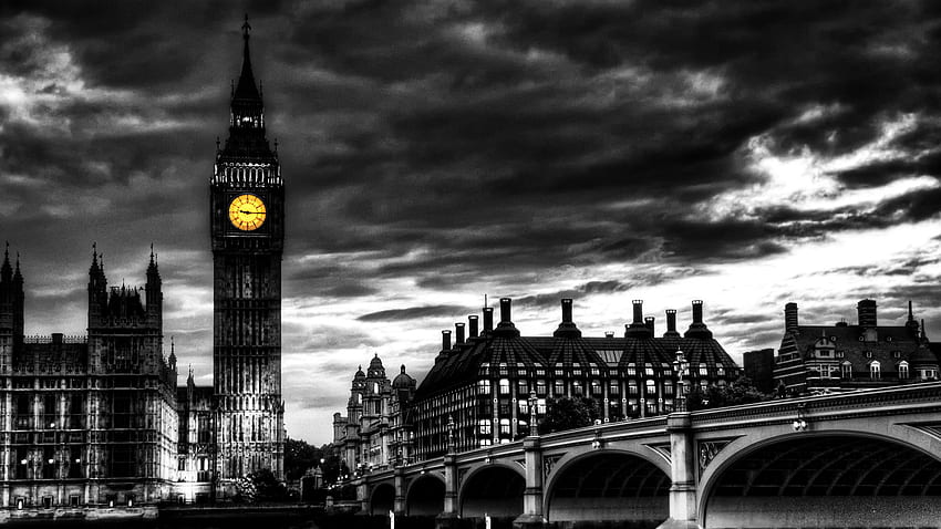 Ciemny Big Ben, grafika, sztuka, big ben, londyn, wielka brytania, budynki, czarno-białe, chmury, ściana, niebo Tapeta HD