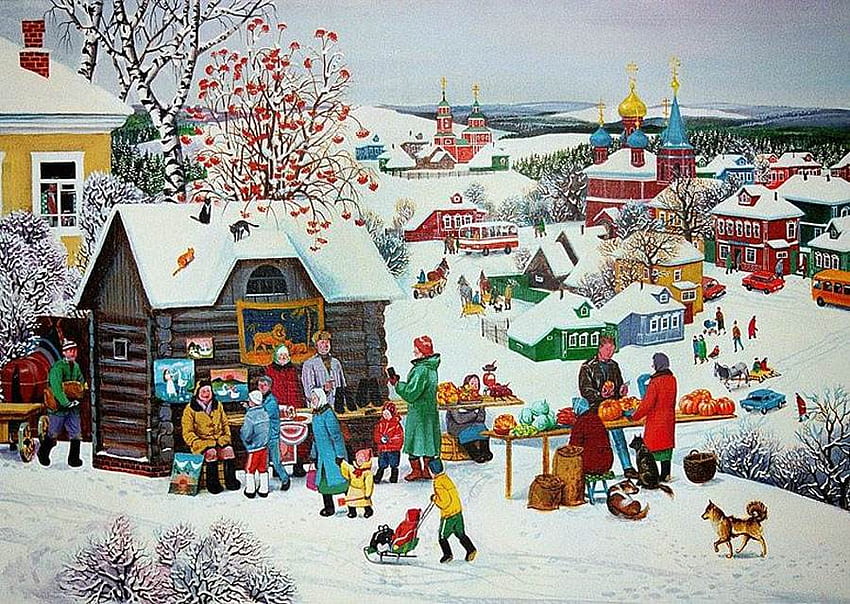 By Dean Eltseva. Market, winter, dean eltseva, painting, art, market, people HD wallpaper
