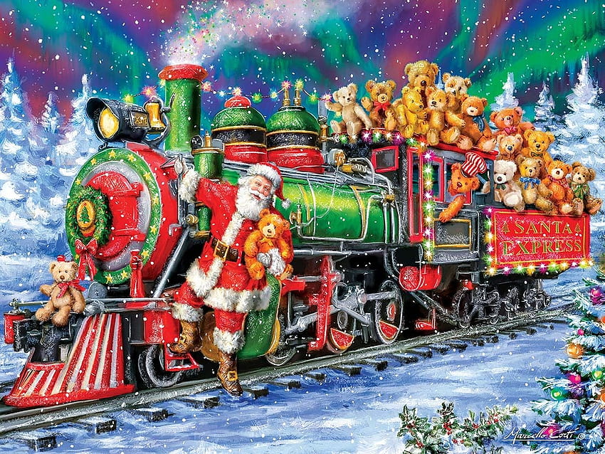 North Pole gifts, art, painting, pictura, green, red, train, santa, toy, craciun, christmas HD wallpaper
