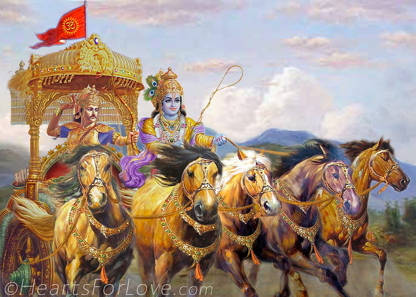 Krishna y Arjuna en el campo de batalla Fine Art Print fondo de pantalla