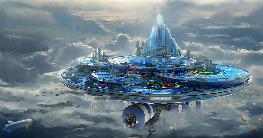 Aircraft City Cloud Floating Island Futuristic - Resolution:, 플라잉 시티 HD 월페이퍼