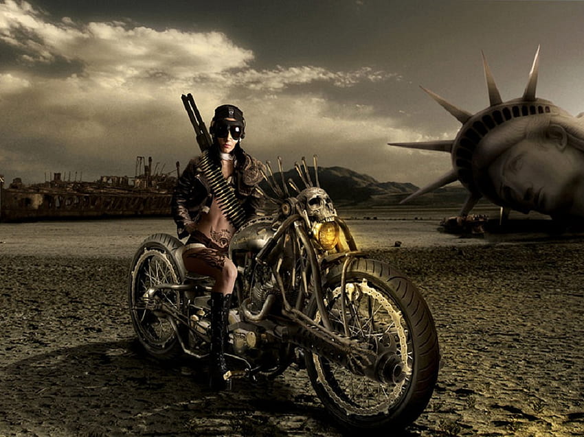 Post Apocalyptic, artwork, fantasy, bullets, bike, gun, female HD wallpaper