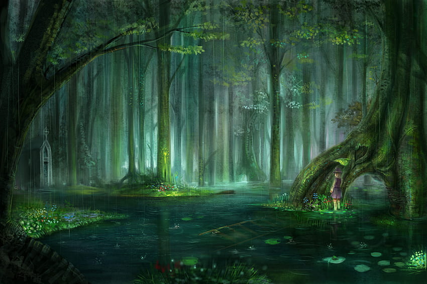 Blondes water landscapes nature touhou trees rain flowers forest leaves pond plants short hair scenic moriya suwako chapel anime raindrops l. HD wallpaper