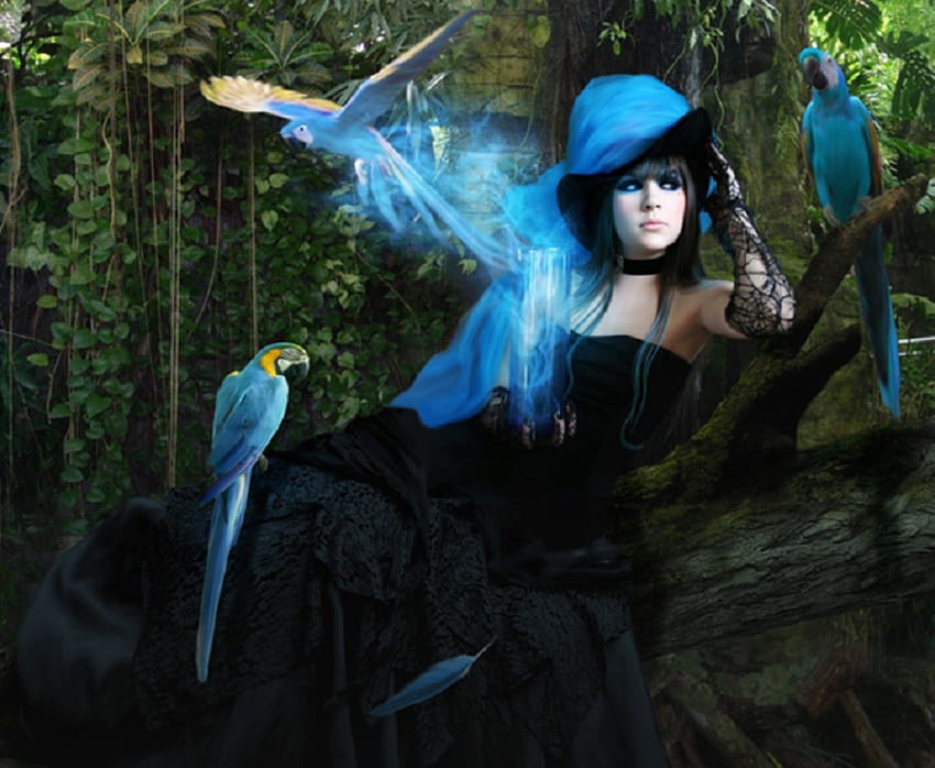 Sihir Biru, biru, sihir, burung, fantasi, gadis Wallpaper HD