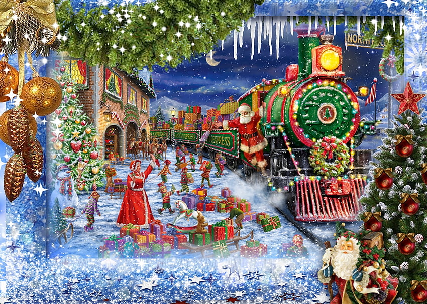 Специална доставка на Дядо Коледа, влак, пара, Дядо Коледа, дърво, празници, зима, ледени висулки, орнаменти, подаръци, луна, сняг HD тапет