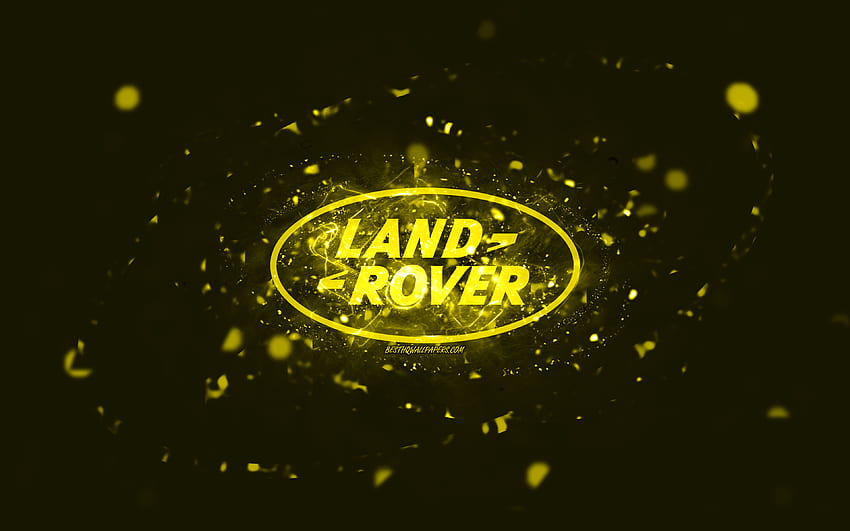 Land Rover yellow logo, , yellow neon lights, creative, yellow abstract background, Land Rover logo, cars brands, Land Rover HD wallpaper