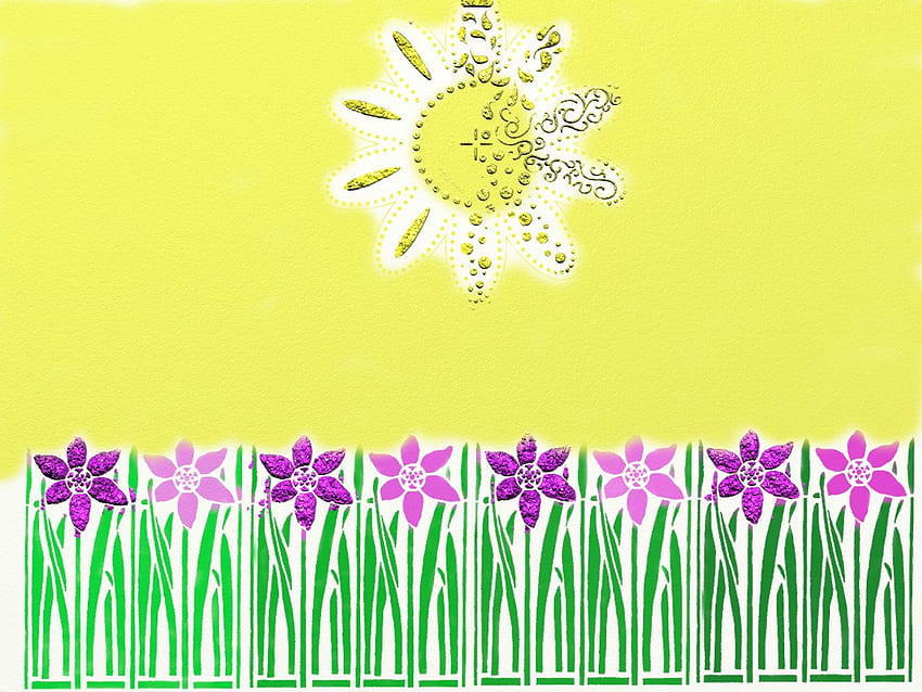 A sunny , pink, yellow, green, garden, flowers, sun HD wallpaper