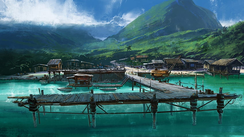 Artwork Boats Dock Drawings Far Cry 3 Landscapes Mountains Sea Tropical Vehicles HD wallpaper