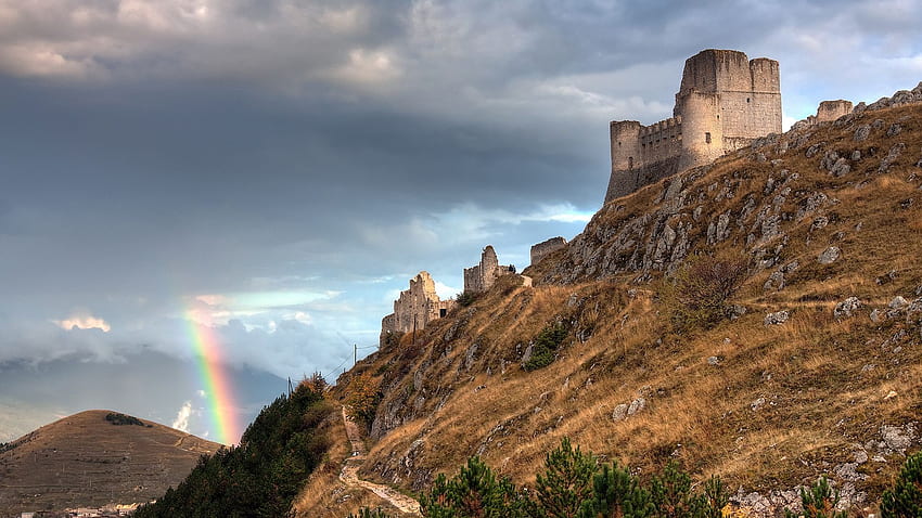 italy, abruzzo italy, fortress, rainbow, Rainbow and the castle, ruins HD wallpaper