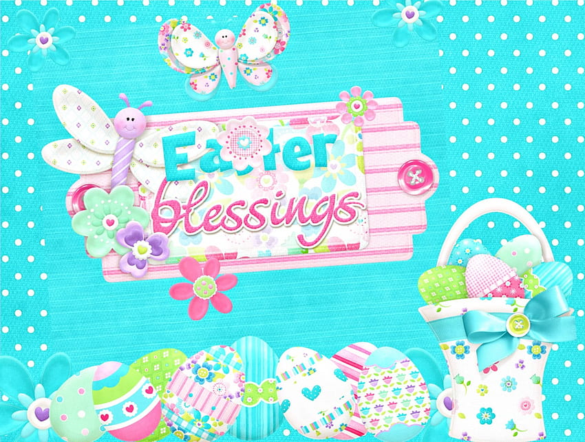 Happy Easter, basket, flowers, eggs HD wallpaper