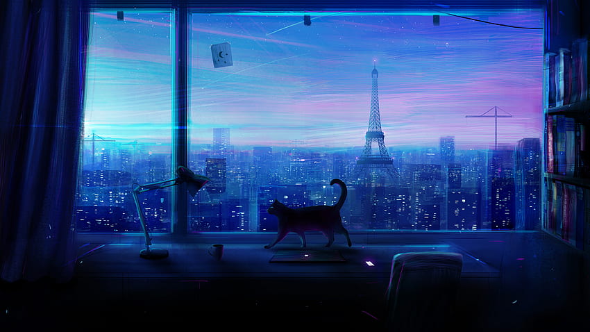 Cat City Night Scenery Anime, City Night Laptop fondo de pantalla