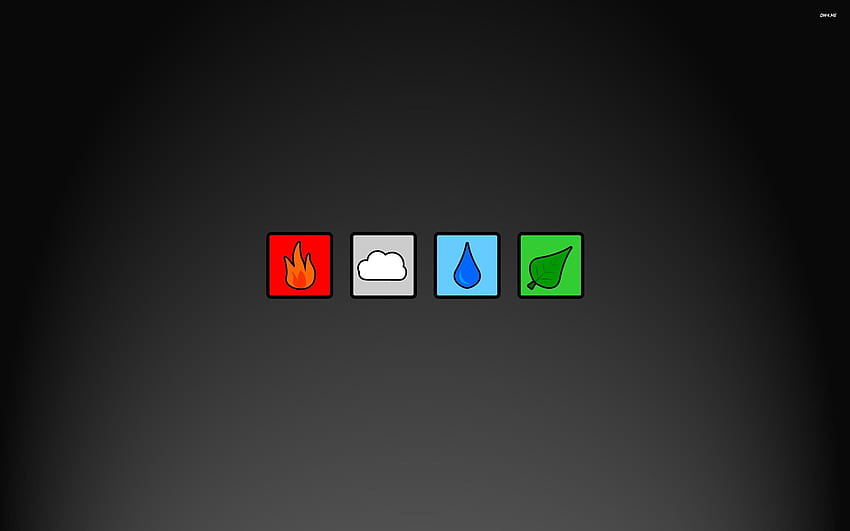 Elementi, fuoco, nuvole, gocce di rugiada e icona foglia, acqua, terra Sfondo HD