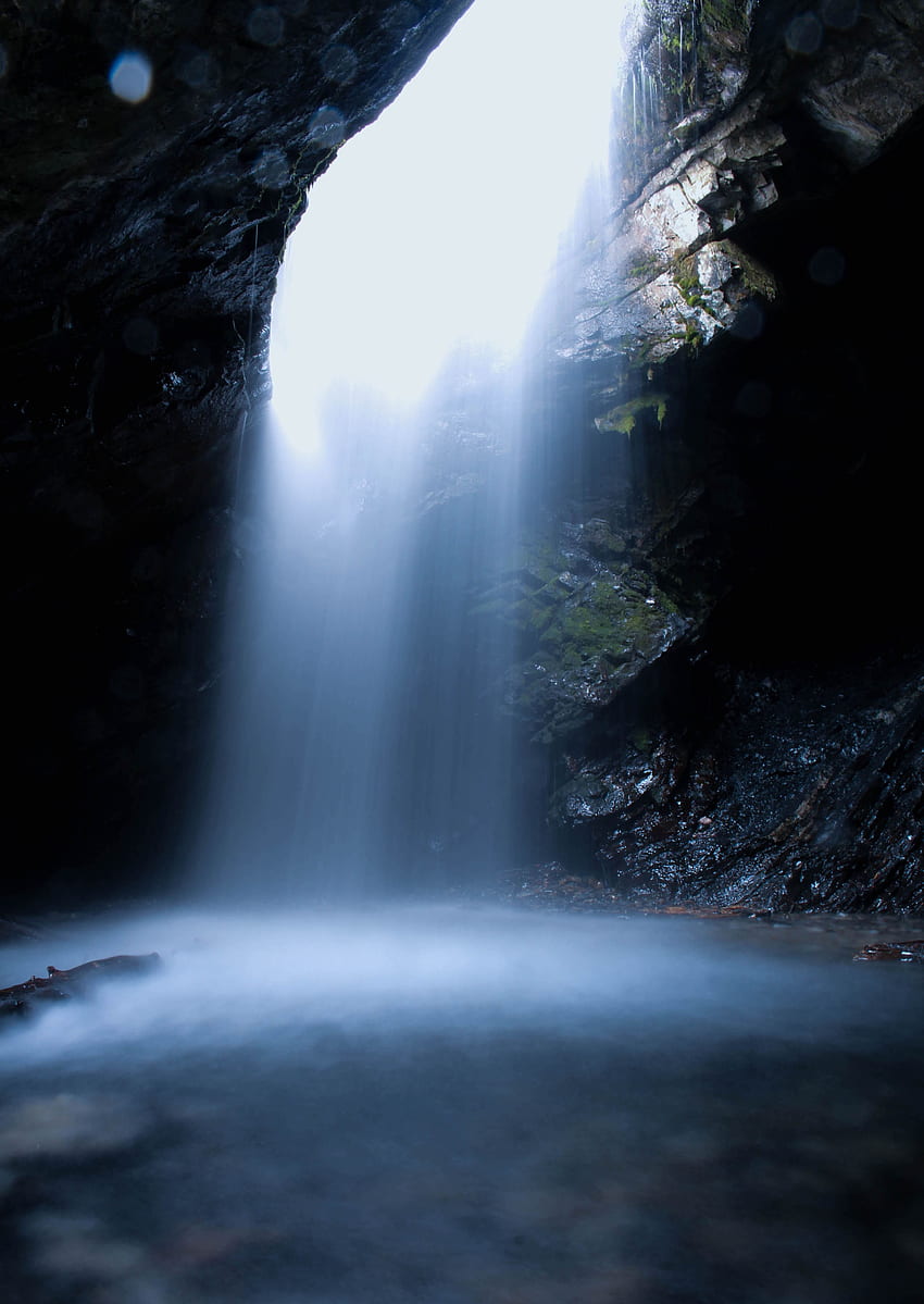 Природа, вода, скали, водопад, спрей, пещера HD тапет за телефон