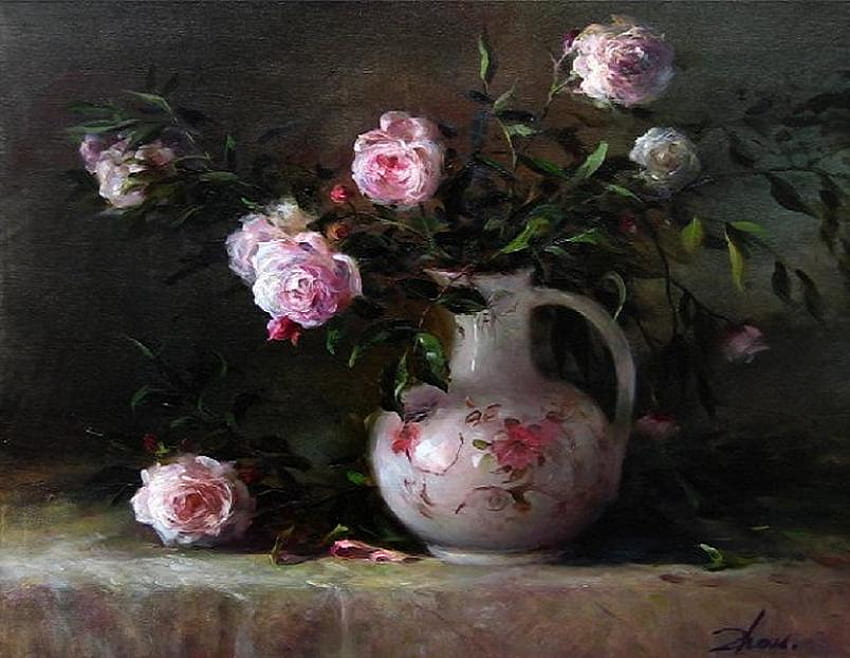 Mawar Masih hidup, masih hidup, meja, merah muda, daun, mawar, vas mawar Wallpaper HD