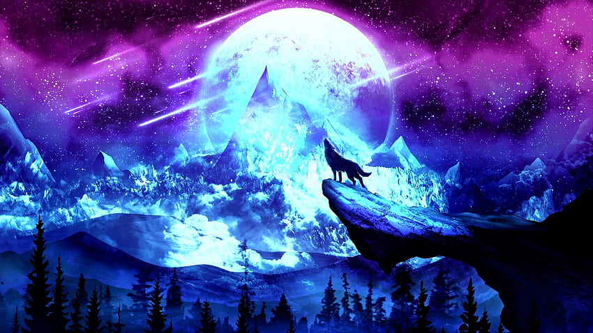 wolf, moon, night, mountains, art, Cool 1600 X 900 HD wallpaper
