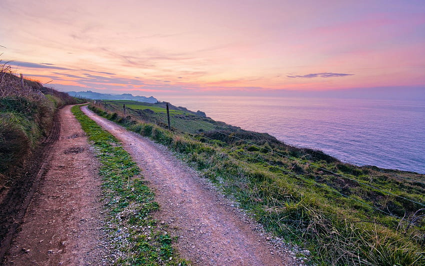 Spain scenery, road, footpath, grass, coast, sea HD wallpaper