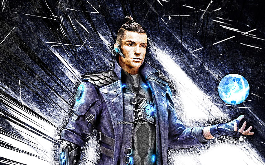 Cristiano Ronaldo Ateşi, mavi soyut ışınları, 2021 oyunları, Chrono, Fire Battlegrounds, Garena Fire karakterleri, Chrono Skin, grunge sanat, Garena Fire, Chrono Fire HD duvar kağıdı