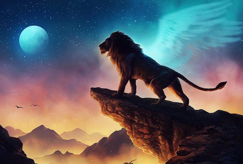 Rey del bosque, león, fantasía, arte. fondo de pantalla