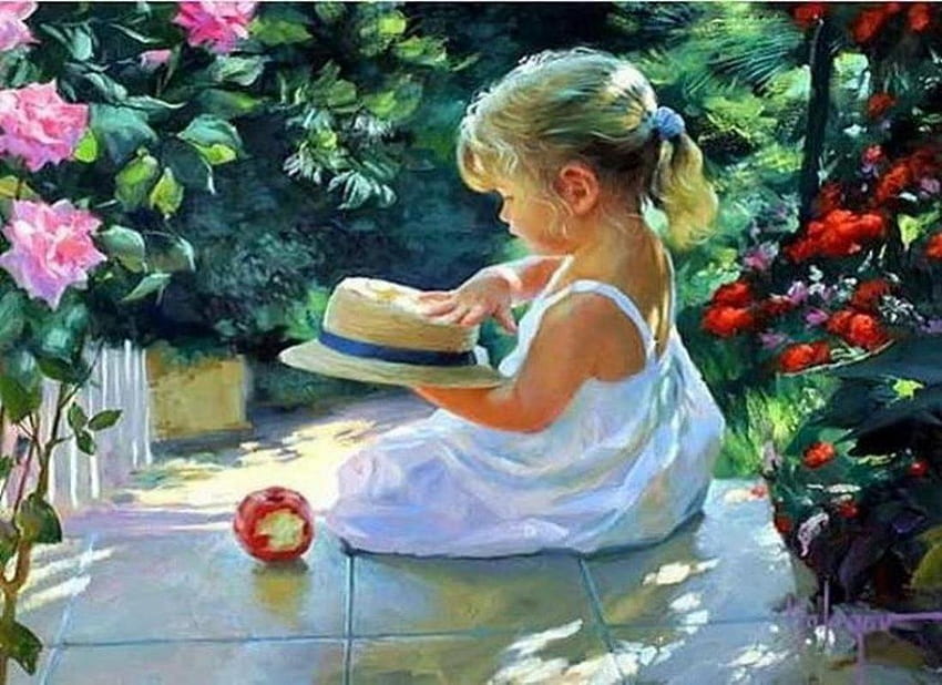 วาด สี เล่น วัน ศิลปิน Vladimir Volegov หมวก กุหลาบ ศิลปะ สวน อื่น ๆ สาว สวย คน เล็ก ๆ น้อย ๆ ฤดูร้อน จิตรกร ดอกไม้ วอลล์เปเปอร์ HD