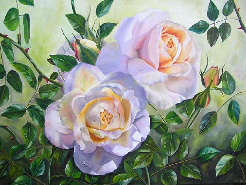 Rosas cintilantes, branco, folhas, rosas, pintura, botões de rosa, amarelo, verde, rosa suave papel de parede HD
